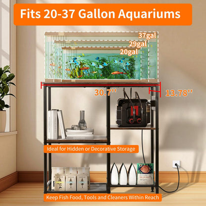 20-29-37 Gallon Fish Tank Stand with 3 Power Outlet 2 USB Port, Metal Aquarium Stand with 4-Tier Adjustable Storage Shelves, 30''L* 13''W*30''H Reptile Tank Stand, Fish Tank Table