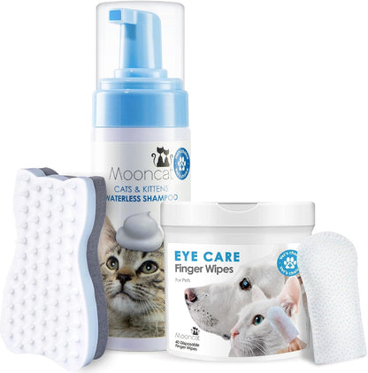 Mooncat Waterless Cat Shampoo and Brush Kit with Pet Eye Wipes Bundle, 5oz Licking Safe No Rinse Foam, 40 Count Finger Cot Tear Stain Remover for Grooming