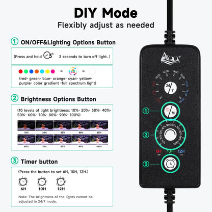 AQQA LED Aquarium Light, 24/7 Mode IP68 Waterproof Extendable Bracket Fish Tank Light, DIY Mode Full Spectrum Aquarium Plant Light, Adjustable Timer/Brightness Memory Function for 24-32 Inch Fish Tank
