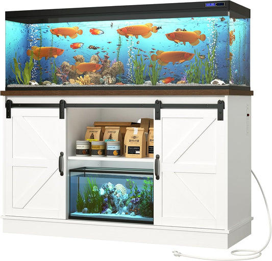 Farmhouse 55-75 Gallon Fish Tank Stand with Power Outlet, Aquarium Stand w/Cabinet&Sliding Barn Door, Heavy Duty Reptile Tank Stand for Fish/Turtle/Reptile Terrarium, 880LBS Capacity, White