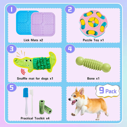 9 PCS Interactive Dog Puzzle Toy Set, Mentally Stimulating Dog Enrichment Toys for Small to Medium Smart Dogs, Includes Lick Mat with Suction Cups and Snuffle Mat for Dogs