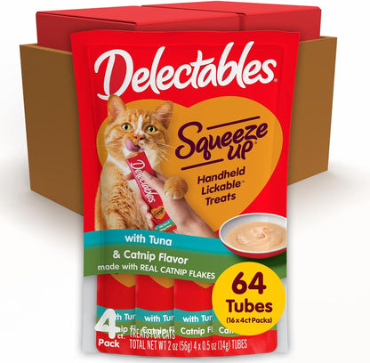 New! Delectables Squeeze Up Creamy Squeezable Puree, Lickable Wet Cat Treats, Grain Free, No Added Fillers, No by-Products, No Added Preservatives, 0.5 Ounces Tube Tuna with Catnip, 64 Tubes Total