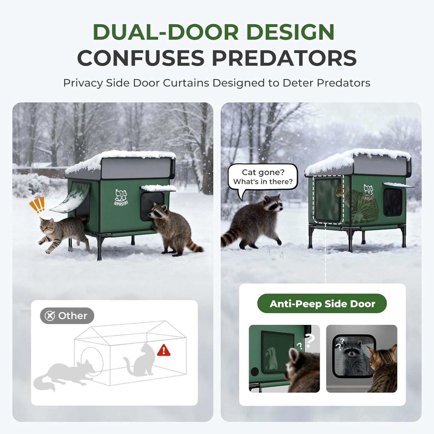 Apasiri Heated Cat House for Outdoor: Weatherproof Outside Cat Shelter, Insulated Cat House Outdoor with Heated Pad, Sloping Roof & Escape Door, Elevated Base for Stray Cats, Small