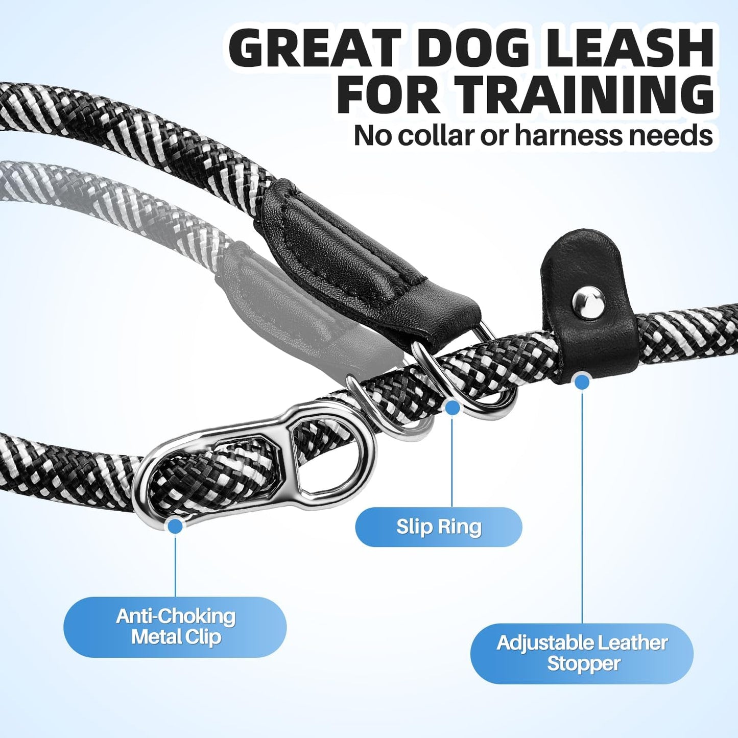 Lukovee Slip Lead Dog Leash, 4-6 FT x 1/2" Adjustable Tangle Free Leash, Heavy Duty Comfortable Reflective No Pull Training Rope Lead with Padded Handle for Medium Large Dogs (Black, S: 4-6 FT)