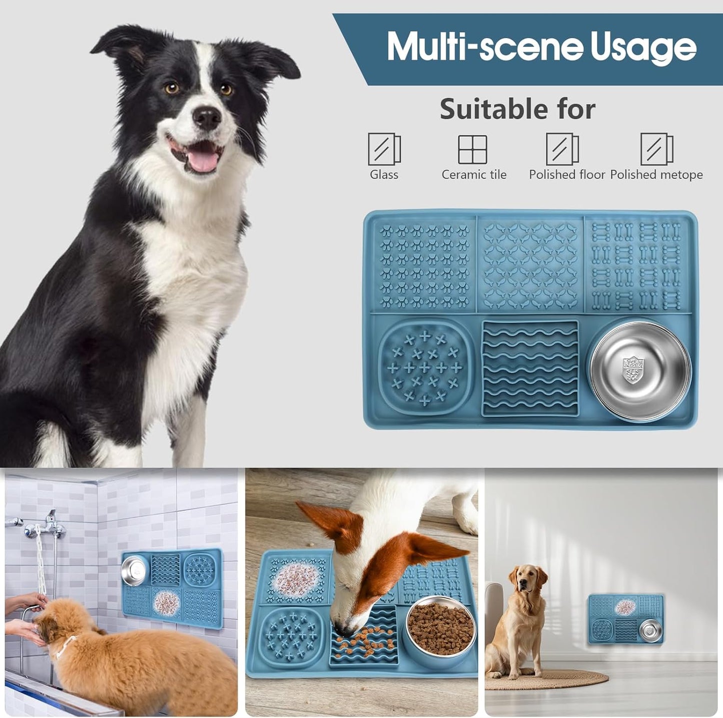 Dog Lick Mat for Small Dogs Cats, 13.8 x 9 Inches Silicone Slow Feeder Dog Licking Mat with Bowls, Peanut Butter Feeding Mat for Anxiety Relief, Reduce Boredom, Improve Eating Habit (Blue)