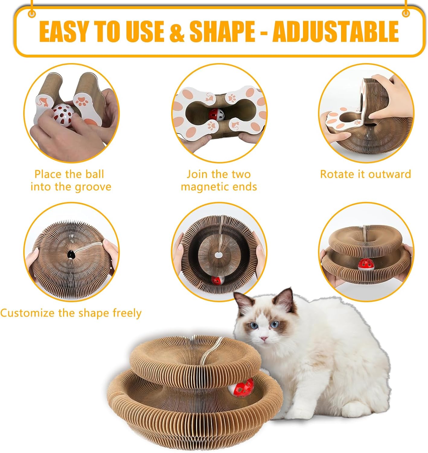 2-Pack Magic Organ Cat Scratching Board – Kitty Kurls Cat Scratcher Toy with Bell Balls for Indoor Cats, Interactive Cardboard Kitty Toy Scratcher, Furniture Protection