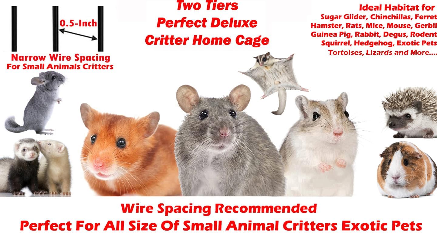 Deluxe Two Tiers Small Animal Critter Cage Tight 1/2-Inch Bar Spacing Water Bottle Food Bowl Feisty Ferret Hammock Chinchilla Rat Mice Squirrel Rabbit Sugar Glider Easy Clean Pull Out Grate Tray