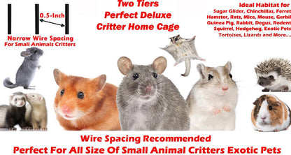 Deluxe Two Tiers Small Animal Critter Cage Tight 1/2-Inch Bar Spacing Water Bottle Food Bowl Feisty Ferret Hammock Chinchilla Rat Mice Squirrel Rabbit Sugar Glider Easy Clean Pull Out Grate Tray