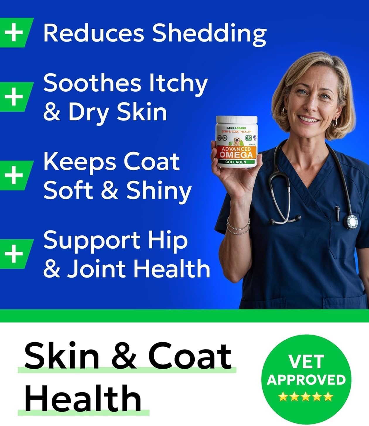 BARK&SPARK Advanced Omega-3 Collagen for Dogs - 180 Salmon & Fish Oil Treats for Dog Shedding, Skin Allergy Chews, Itch Relief, Hot Spots Treatment - Joints, Skin & Coat Supplement,EPA&DHA Fatty Acids