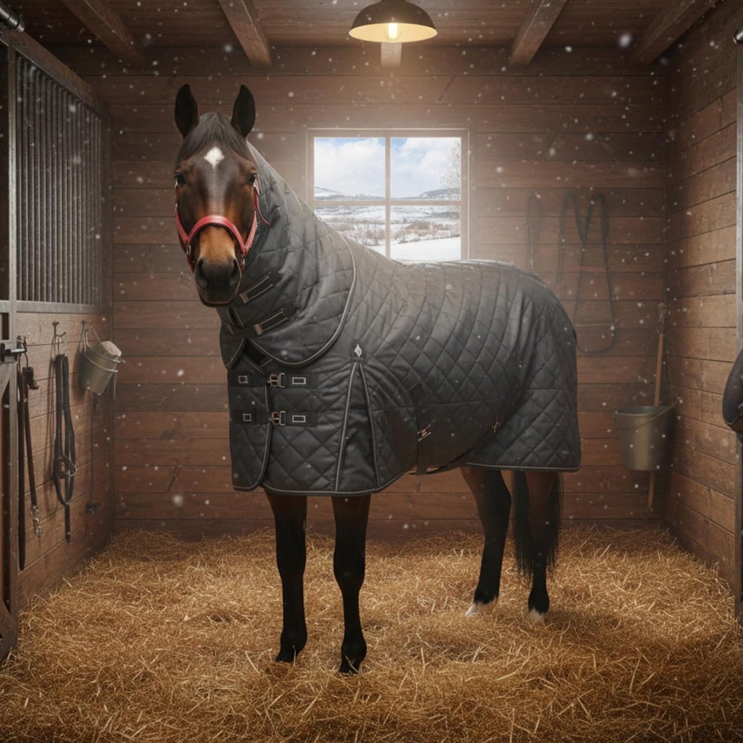 Yaomiao Winter Horse Blanket 78 Inch Waterproof Turnout Blanket Warm Cotton Filling Liner with Turnout Neck Cover Detachable for Horse, Black