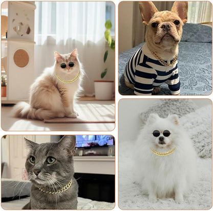 Dog Sunglasses with Rhinestone Diamond Chain Necklace, Cool Glasses Dog Collar Necklace for Cats Dogs Doll, Metal Sunglasses Gold Chain Funny Cute Costumes for Small Pet Holiday Party Costume