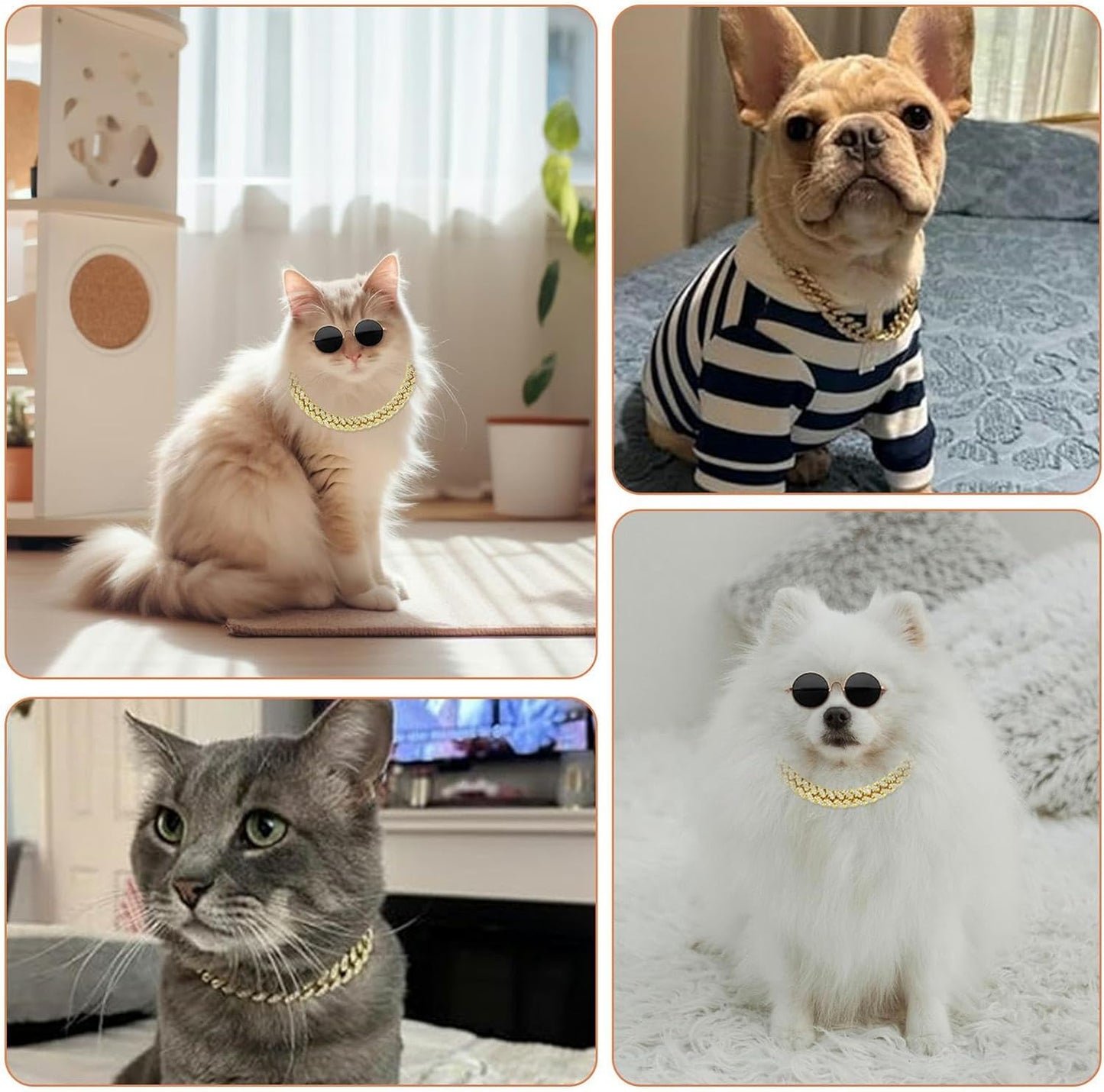 Dog Sunglasses with Rhinestone Diamond Chain Necklace, Cool Glasses Dog Collar Necklace for Cats Dogs Doll, Metal Sunglasses Gold Chain Funny Cute Costumes for Small Pet Holiday Party Costume