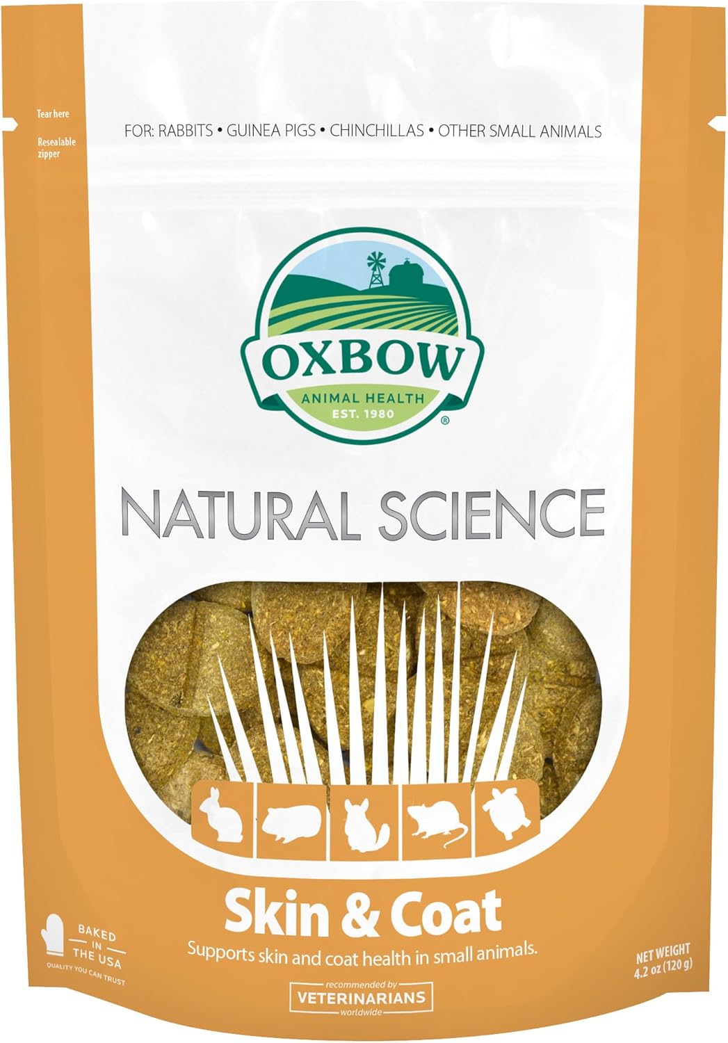 Oxbow Natural Science Skin & Coat Support, Supplement for Rabbit & Guinea Pig, Made with Oxbow Timothy Hay, Includes Palm Oil & Omega 3 & 6 Fatty Acids, Made in USA, 4.2 oz Bag
