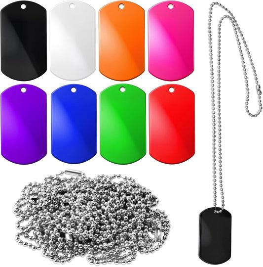8 Pcs Multicolor Blank Dog Tags with 8 Pcs Chain Necklaces, Metal Stamping Engravable Sublimation Dog Tags Bulk, Hip Hop Style Dog Id Tags for Pets Decorative DIY Crafts (2 X 1.15 Inch, 8 Colors)