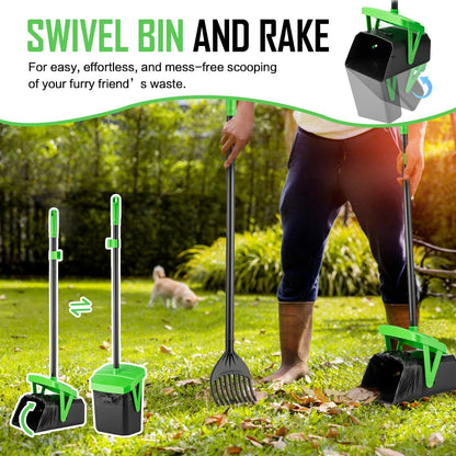 Pooper Scooper Swivel Bin & Rake with 100 Waste Bags, Dog Pooper Scooper with Bag Attachment for Large Medium Small Dogs, Poop Scooper with Lid for Lawn Yard Dog Kennel