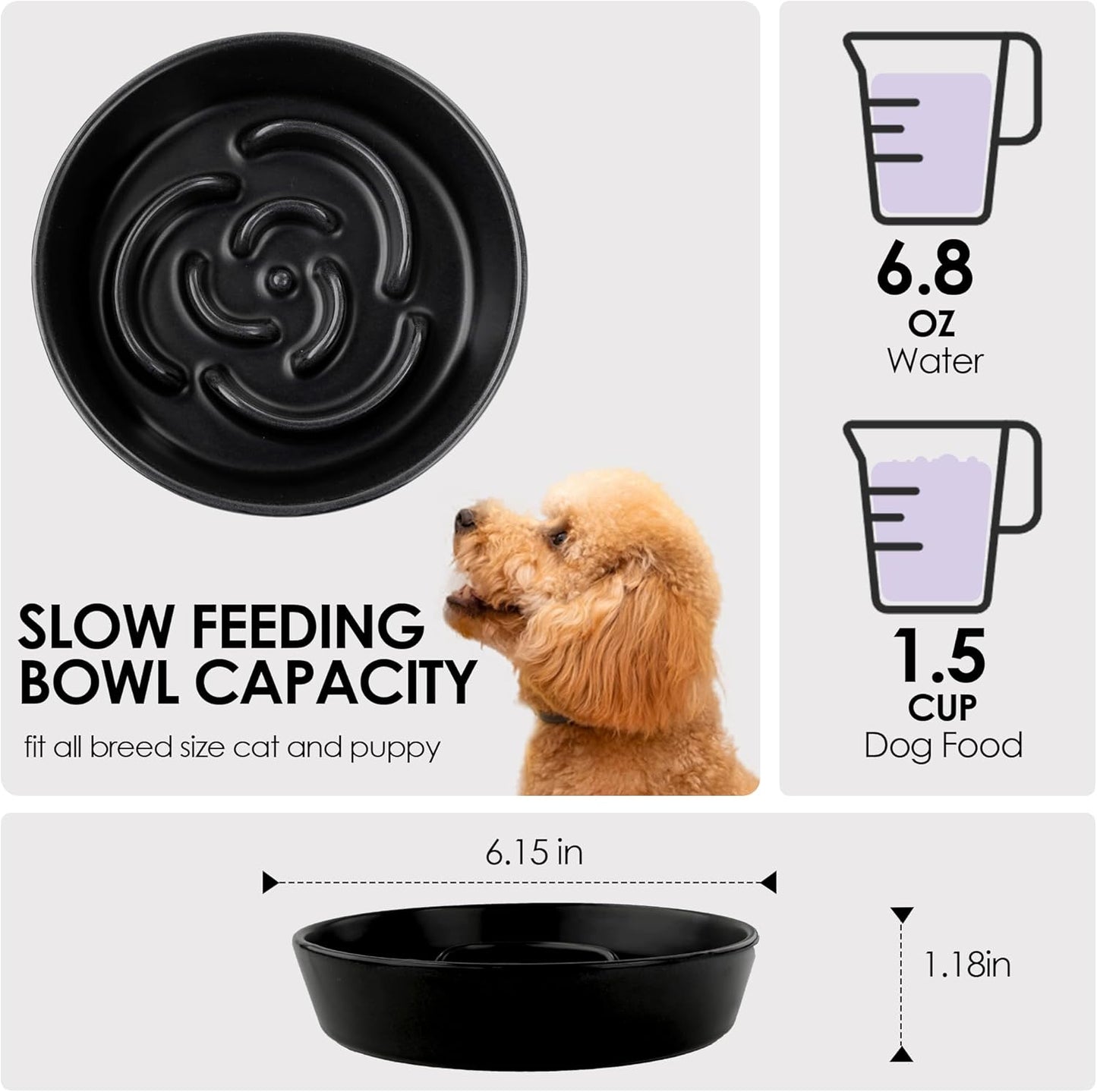 Ceramic Slow Feeder Dog Bowl for Small Dogs & Cats, 6 Inch Puzzle Pet Food Dish, Non-Slip Heavy Design, Helps Reduce Fast Eating, Bloating & Indigestion, Dishwasher Safe (Midnight Black)