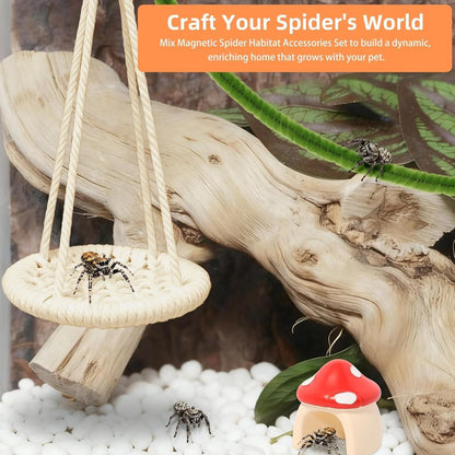 8 Pcs Jumping Spider Hide Enclosure Habitat, Pet Spiders Hideout Leaf Climbing Rope Bridge Swings & Web, Mushroom Shelf, Jump Platform with Magnets for Pet Spider Habitat Accessories