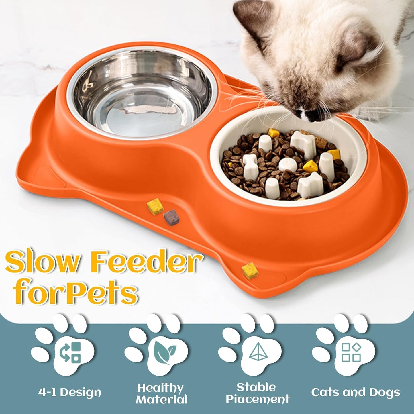 3-in-1 Slow Feeder Dog Bowl Set, Pick Any Color with Non-Slip Mat & Stainless Steel Bowls to Slow Eating for Dogs & Cats(Orange).