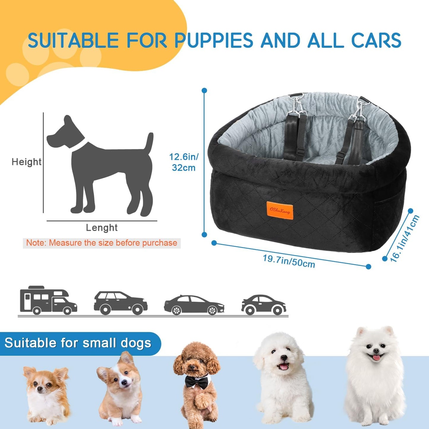 Cozy Dog Car Seat for Small Dogs Up to 30lbs, Elevated Memory Foam Booster Seat, Pet Travel Bed with Washable Removable Cover & Storage Pockets (Black)