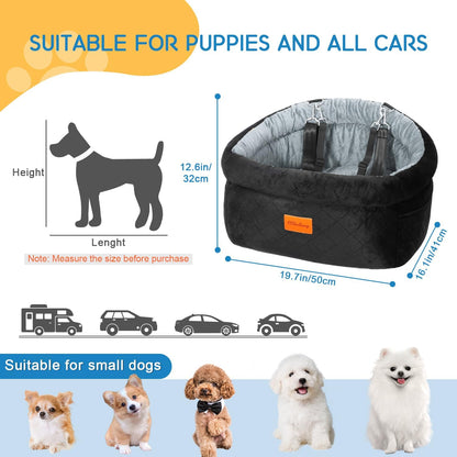 Cozy Dog Car Seat for Small Dogs Up to 30lbs, Elevated Memory Foam Booster Seat, Pet Travel Bed with Washable Removable Cover & Storage Pockets (Black)