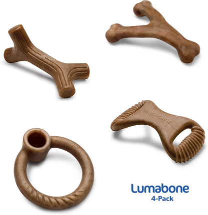 Lumabone Real Bacon Medium 4-Pack Durable Dog Chew Toys for Aggressive Chewers, Made in USA – Wishbone, Ring Stuffer, Dental Chew, Stick
