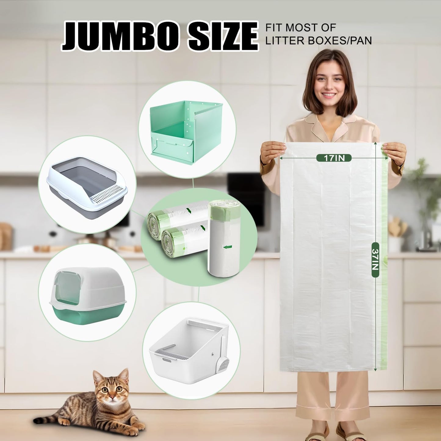 Cat Litter Box Liners Disposal Bags with Tie Handles,Large,37" x 17" Jumbo Drawstring Extra Durable Pet Cat Pan Liners for litter box Extra-Thick Kitty Litter Box Bag-36 Counts (3 Pack)