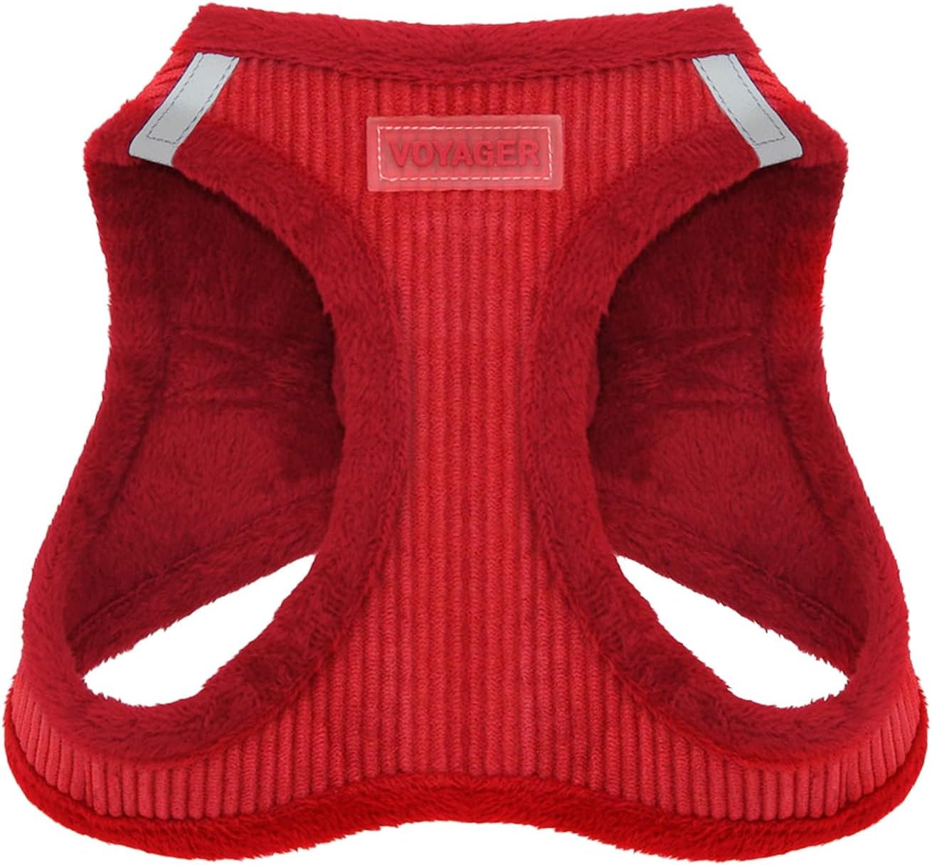 Best Pet Supplies - All Weather Mesh/Plush, Reflective, No Pull Harness for Small, Medium Dogs, Cats - Secure with Hook & Loop Fastener, Buckle, Double D-Rings - Red Corduroy, S