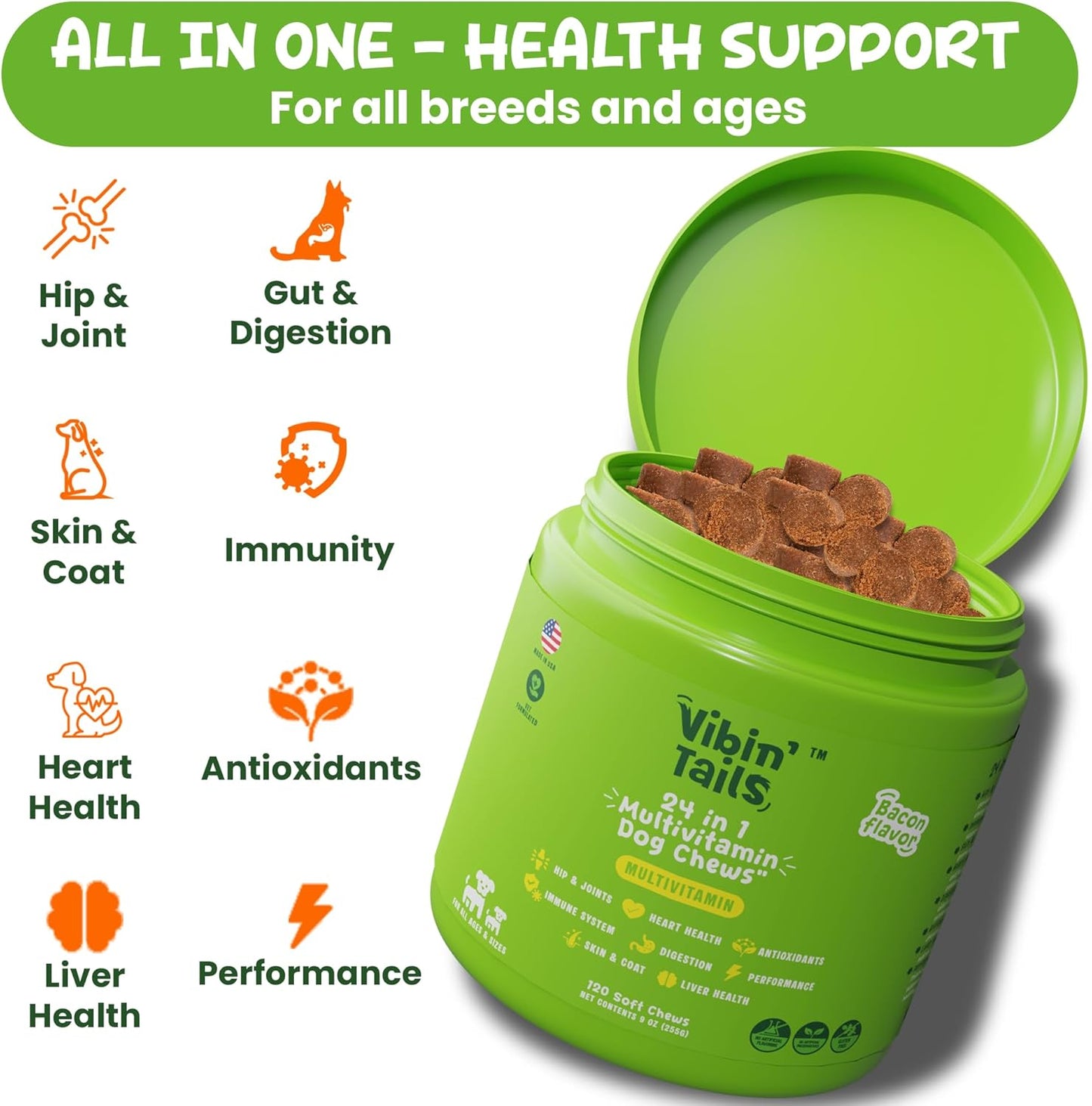 Vibin’ Tails Dog Multivitamin, Chewable Dog Vitamins and Supplements with Glucosamine, Chondroitin, Probiotics & Omega-3 for Hip & Joint, Skin & Coat – Puppy & Senior Multivitamin – 120ct