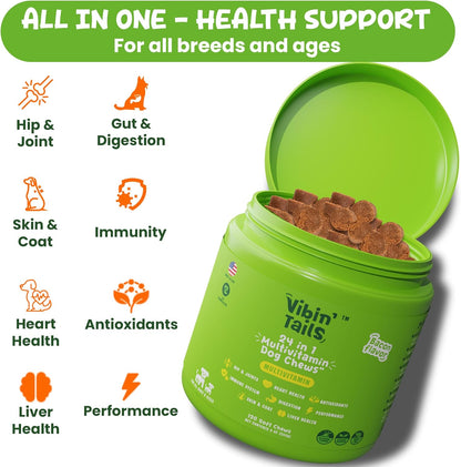 Vibin’ Tails Dog Multivitamin, Chewable Dog Vitamins and Supplements with Glucosamine, Chondroitin, Probiotics & Omega-3 for Hip & Joint, Skin & Coat – Puppy & Senior Multivitamin – 120ct