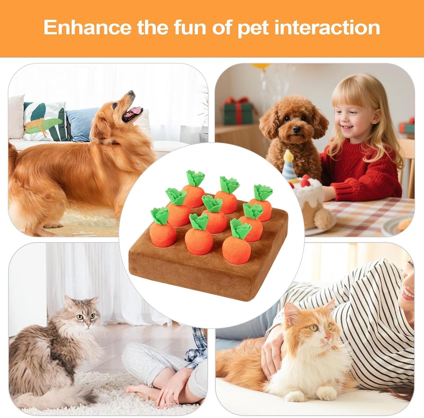 Carrot Snuffle Mat for Dogs Interactive Dog Plush Puzzle Toys 2 in 1 Non-Slip Feed Games Pet Stress Relief with 9 Carrots