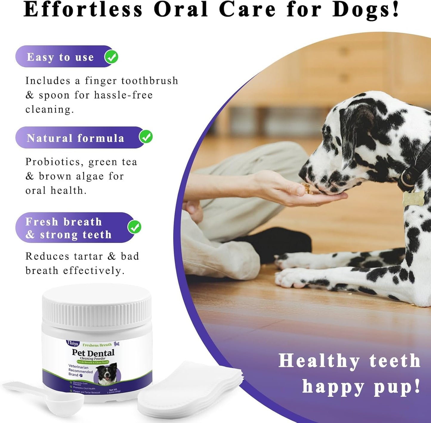 Dog Teeth Cleaning Powder, Pet Dental Powder -Dental Care, Dogs Breath Freshener with Probiotics for Tartar & Reduces Plaque & Bad Breath Teeth Cleaning for Small, Medium, Large Dogs 100g