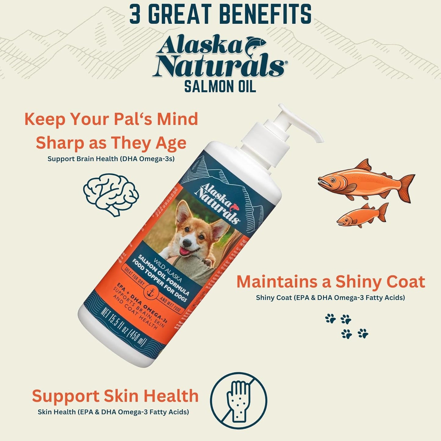 Alaska Naturals Wild Alaskan Salmon Fish Oil Supplement for Dogs Skin and Coat with EPA DHA Omega 3 Fatty Acids Liquid Food Topper 8 oz. Pump