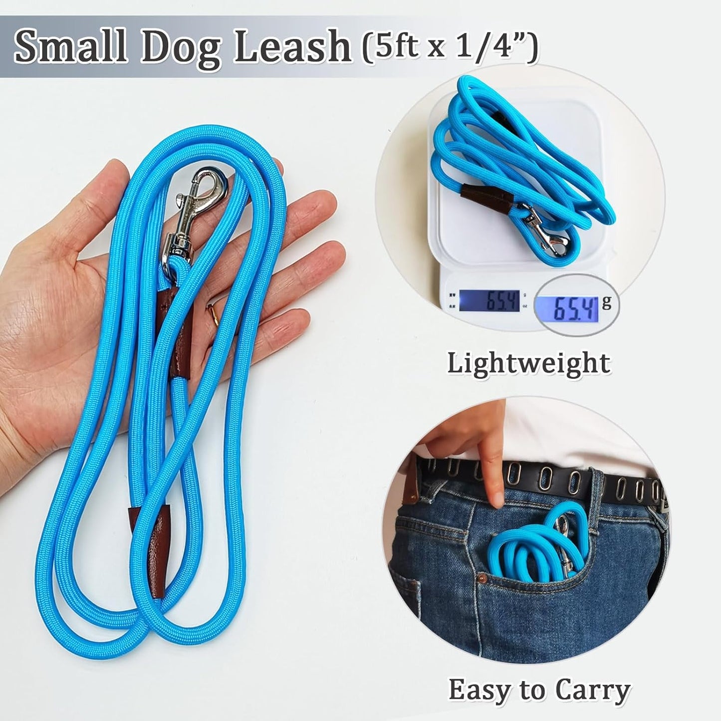 WYuZe 5FT Puppy Leash + Chew Proof Dog Leash with Shock Absorption for Small Dogs, Blue
