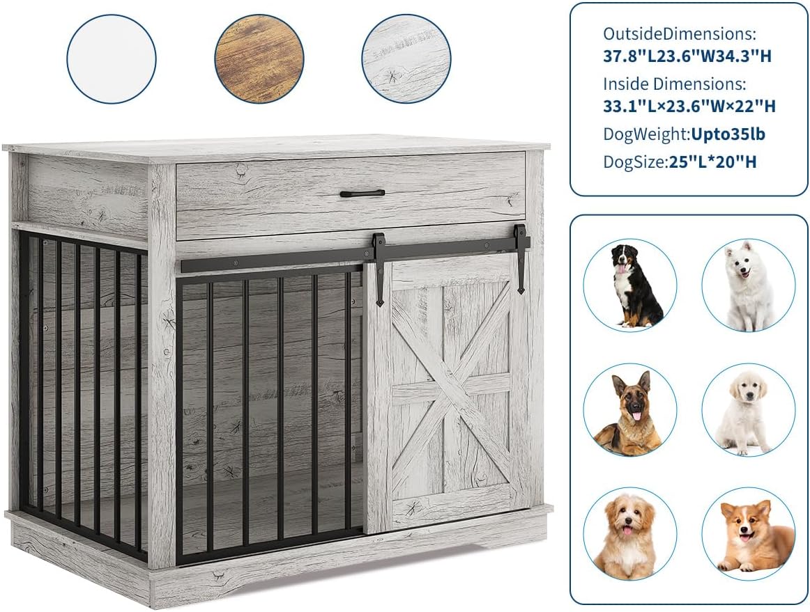 37.8" W Dog Crate Furniture for Small/Medium Dogs, 2-in-1 Iron-Wood Fusion Dog Cage Indoor As Side End Table, Farmhouse Dogs Kennel with Sliding Barn Doors & Storage Drawer, Grey