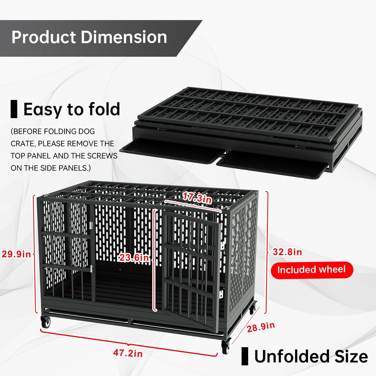 48 Inch Heavy Duty Dog Crate with Wheels, Folding Metal Big Dog Cage for Large and Medium Dogs, Extra Large XL XXL Indestructible Dog Crate with Removable Tray.