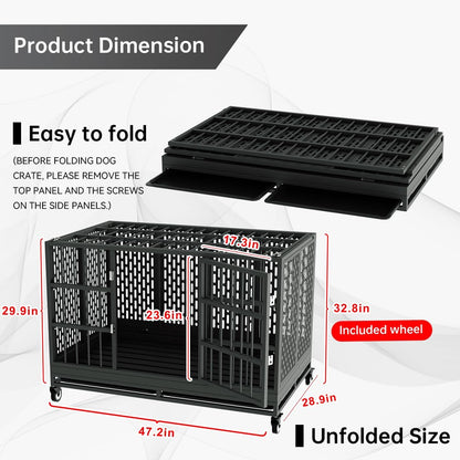 48 Inch Heavy Duty Dog Crate with Wheels, Folding Metal Big Dog Cage for Large and Medium Dogs, Extra Large XL XXL Indestructible Dog Crate with Removable Tray.