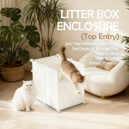 MEEXPAWS Litter Box Enclosure Splash Guard, Top Entry Cat Litter Box Shield with Slot Design Metal Grate, Dog Proof Privacy Screen Cover with Mat, Large White (24.8x16.8x23.6 Inch)