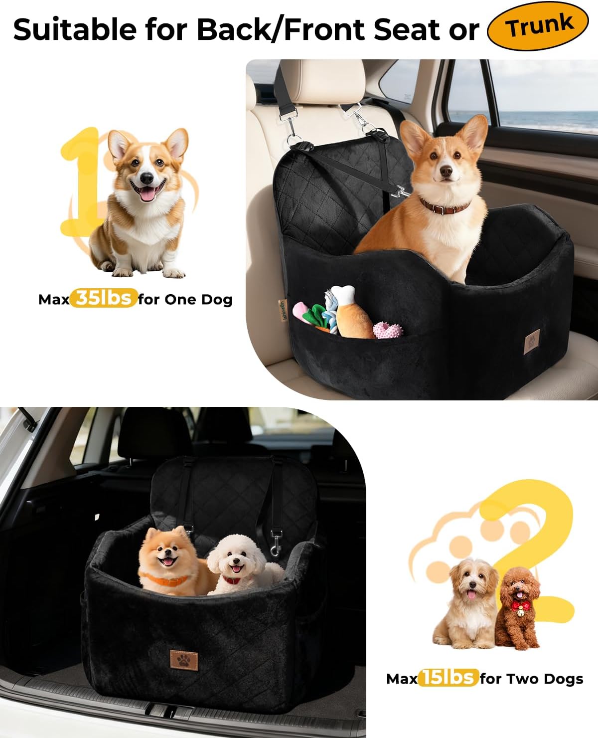 Dog Car Seat for Small/Medium Dogs, Detachable Washable Dog Booster Seat Under 35lbs, High-Support Memory Foam,Travel Bed with Storage Pockets