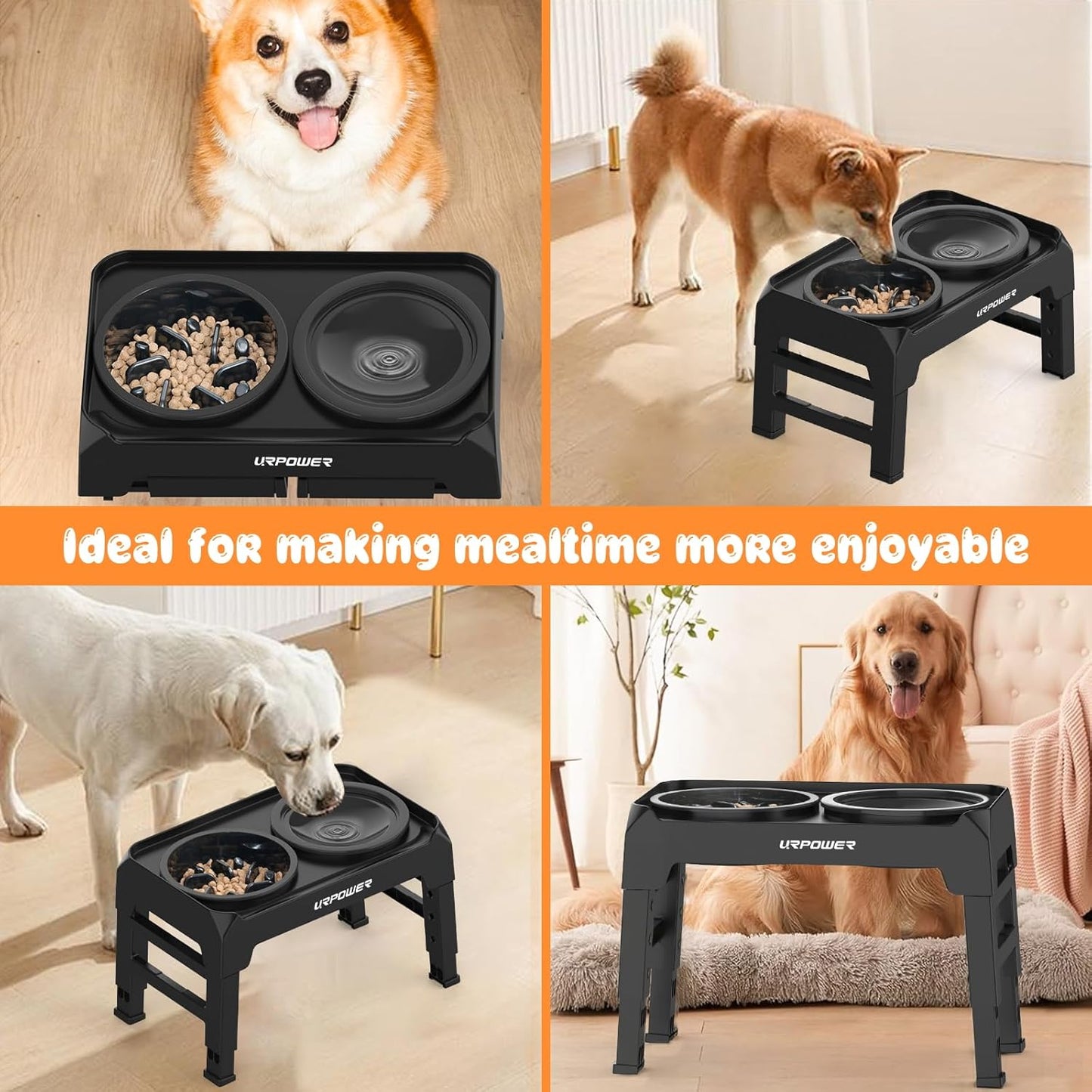 URPOWER 2-in-1 Elevated Dog Bowls Mess Proof Slow Feeder with No Spill Water Bowl 4 Height Adjustable Raised Dog Bowl Non-Slip Food and Water Bowls Set for Small Medium Large Dogs