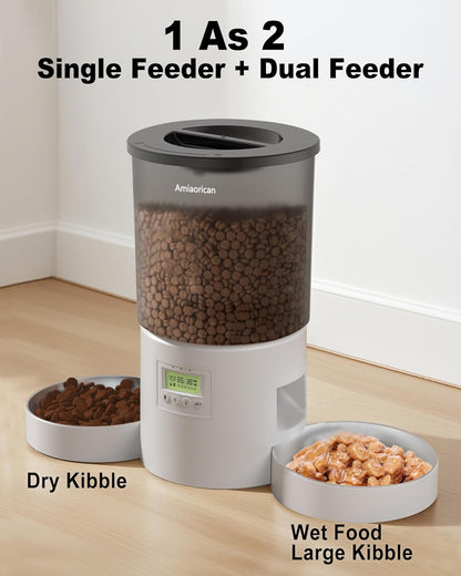 Automatic Cat Feeder for 2 Cats,4.2L Programmable 1-6 Meals Control Cat Food Dispenser,Dual Power Supply,10S Voice Record (Transparent White, Stainless Steel 2 Bowls)