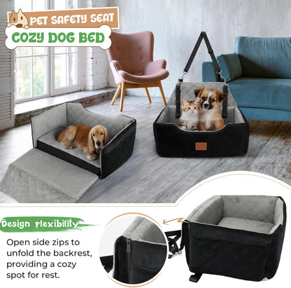Dog Seat for Car Travel, Booster Car Seat for Large/Medium Dogs Under 55 lbs or 2 Small Pets, Detachable & Washable Dog Seat Bed with Safety Leashes & Thick Cushion (Black&Grey)
