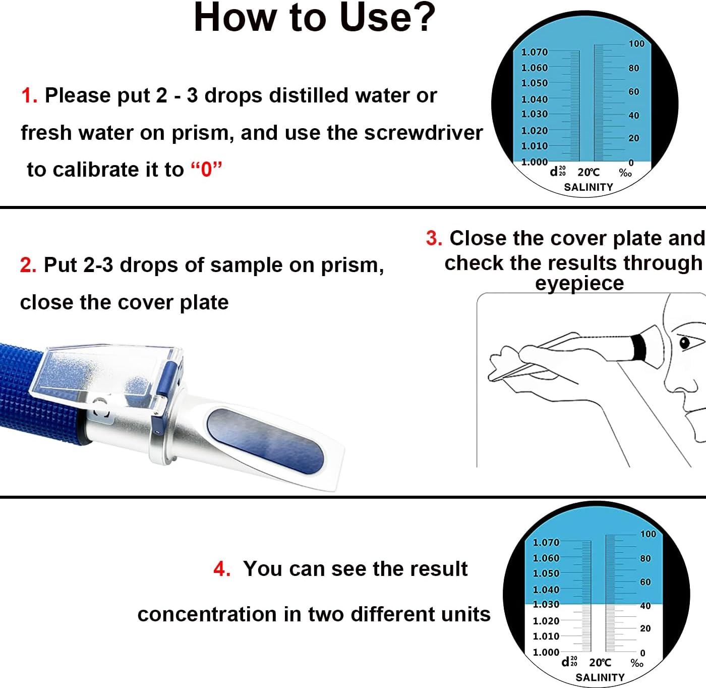 Salinity Refractometer for Aquarium Seawater Fishkeeping Dual Scale Saltwater Refractometer 0-100PPT & 1.000-1.070 Salinity Tester Hydrometer with Automatic Temperature Compensation