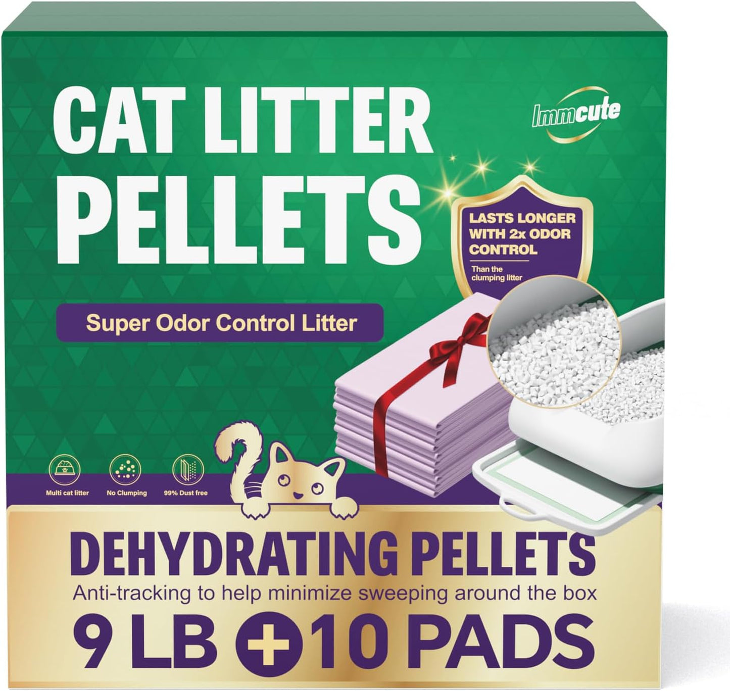 IMMCUTE Cat Litter Pellets, 9lb Bag Lasts 60 Days, Odor Control Cat Litter with Extra 10 Ct Cat Pee Pads, Non Clumping Zeolite Litter Pellets, Low-Tracking, Unscented