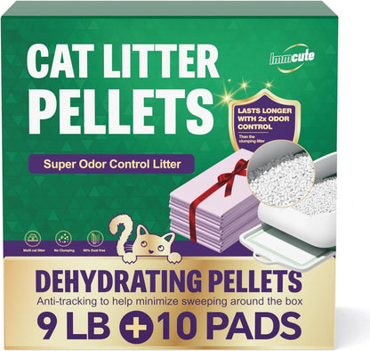 IMMCUTE Cat Litter Pellets, 9lb Bag Lasts 60 Days, Odor Control Cat Litter with Extra 10 Ct Cat Pee Pads, Non Clumping Zeolite Litter Pellets, Low-Tracking, Unscented