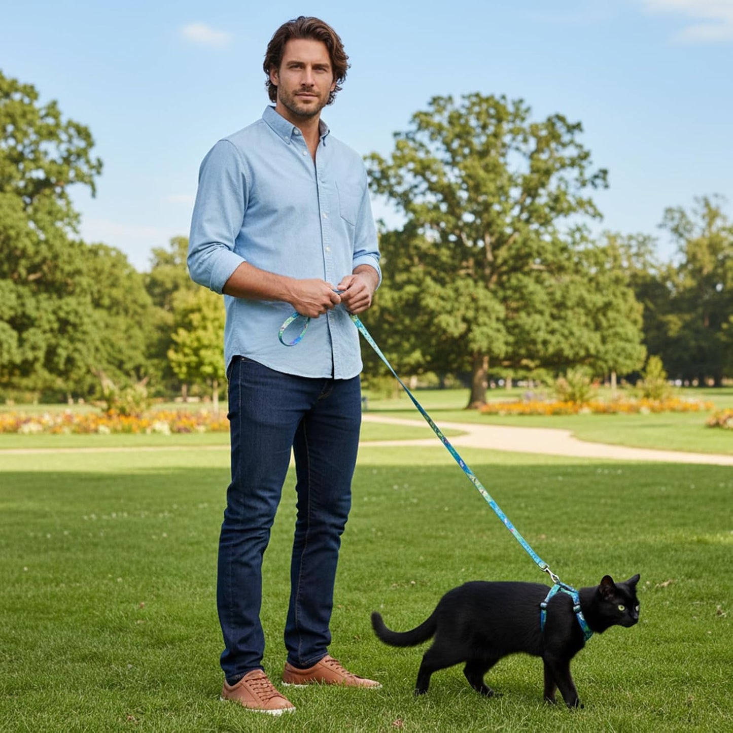 1 Set Cat Harness and Leash, Adjustable Escape Proof Cat Harness, Comfortable Soft Lightweight Design for Daily Walks and Travel, Neck 20-31CM Chest 26-43CM, (Hawaii Green)