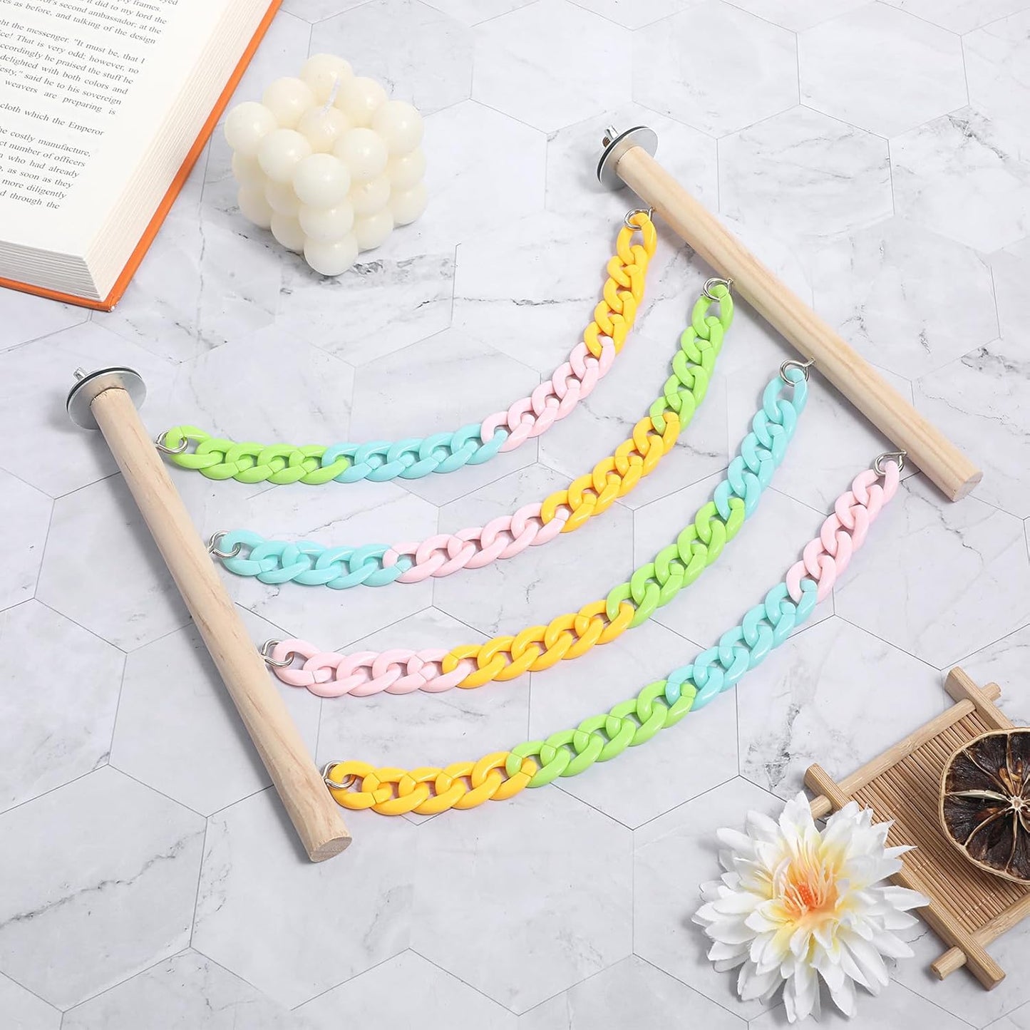 Colorful Sugar Glider Toys and Cage Accessories Natural Wood with Sturdy, Chains Hanging Sugar Glider and Rat Cage Accessories Enrichment Toys for Small Animals and Parrots