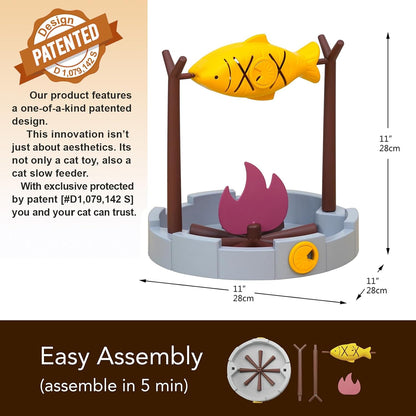 PetPals 11" High Cats Treat-Dispensing Slow Feeder,Pets Dry Food Dispenser,Cats Slow Feeding Snack Bowl, Grilled Fish Spinning Toy, Food Puzzle Cat Toy