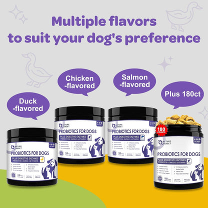 NATURE TARGET Probiotics for Dogs, Duck Flavored Dog Probiotics with Prebiotics and Digestive Enzymes for Dog Gut Health, Vitamins and Omega 3 for Skin & Coat & Immune Health - 120 Treats