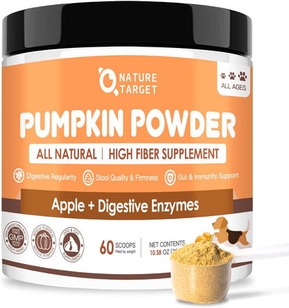 NATURE TARGET Pumpkin for Dogs, All Natural Fiber for Dogs, with Digestive Enzymes, Apple, Healthy Stool and Dog Digestive Support, Diarrhea, Constipation Relief, Pumpkin Powder for Dog to Make Puree