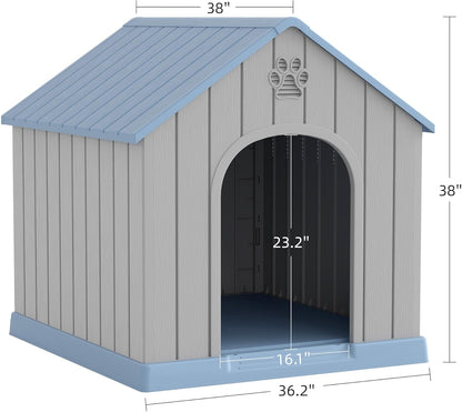 Fancyango Large Dog House Outdoor Indoor for Medium Large Dogs, Sturdy Plastic Waterproof Doghouse with Air Vents and Elevated Floor, Easy Clean and Assemble (Blue, 36.2''L×38''W×38''H)